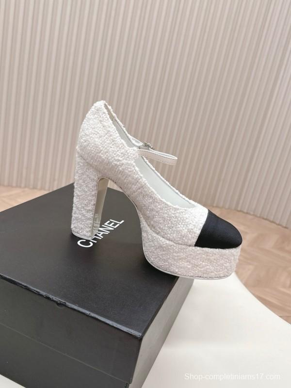 2025 Women Chanel White Black Tweed Platform High Heels