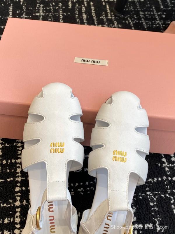 2025 Women Miu Miu White Calf Leather Flat Sandals