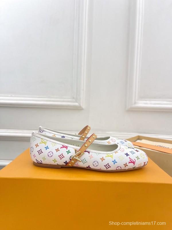 2025 Women Louis Vuitton White Multicolor Leather Ballet Flats KFY00300