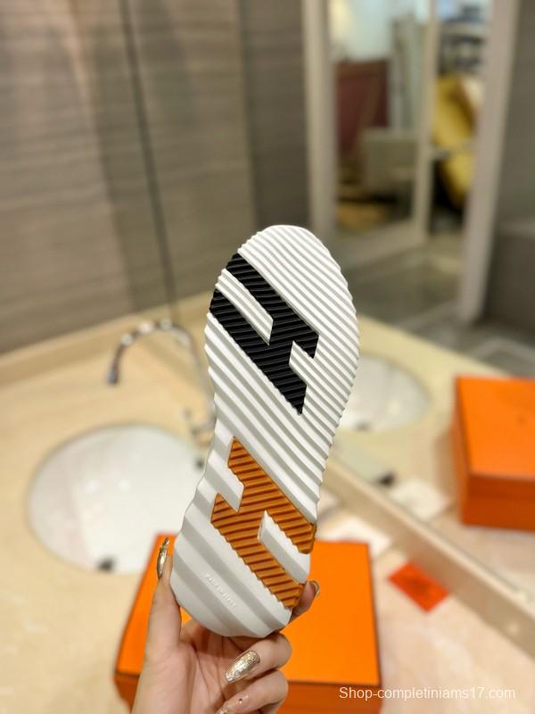 2024 Unisex Hermès White Imported Calf Leather Rain Cloth Casual Sneakers MJ00320