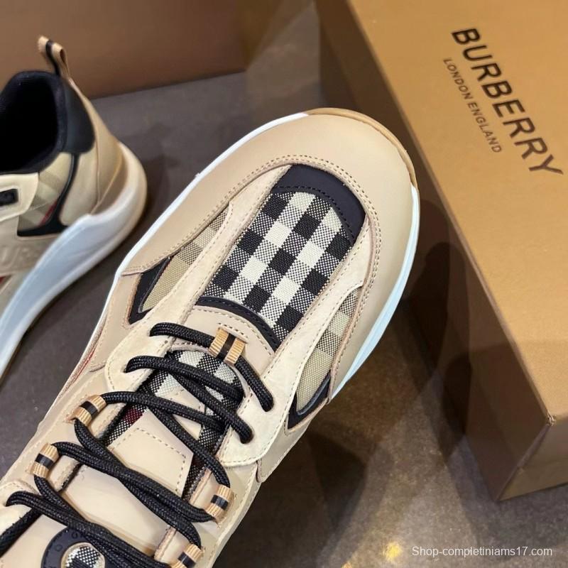 2025 Unisex Burberry Beige Black Suede Leather Cotton Sneakers Vintage Check MJ00380