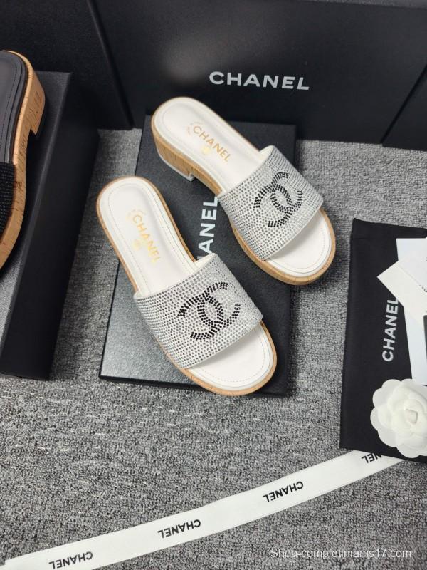2025 CHANEL Silver Crystal Leather Slippers