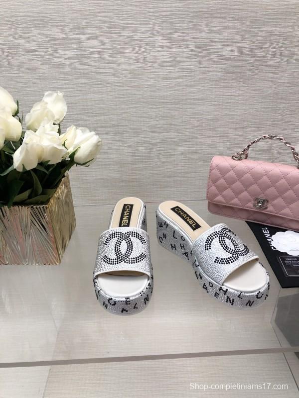 2025 Slippers Chanel White Rhinestone Platform Slide LY00330