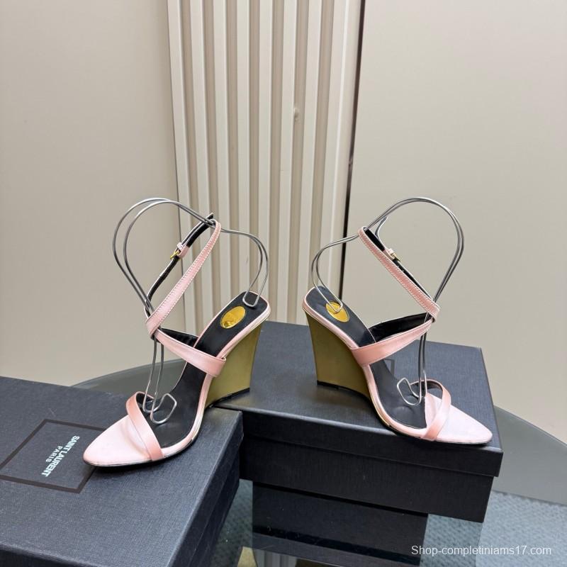2025 Women Yves Saint Laurent Pink And Olive Silk Wedge Sandals Elegant Design KFY00290(F)