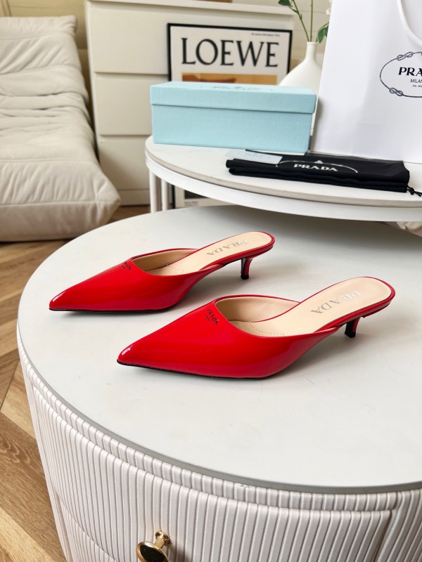 2025 Women Prada Red Patent Leather High Heel Mules LY