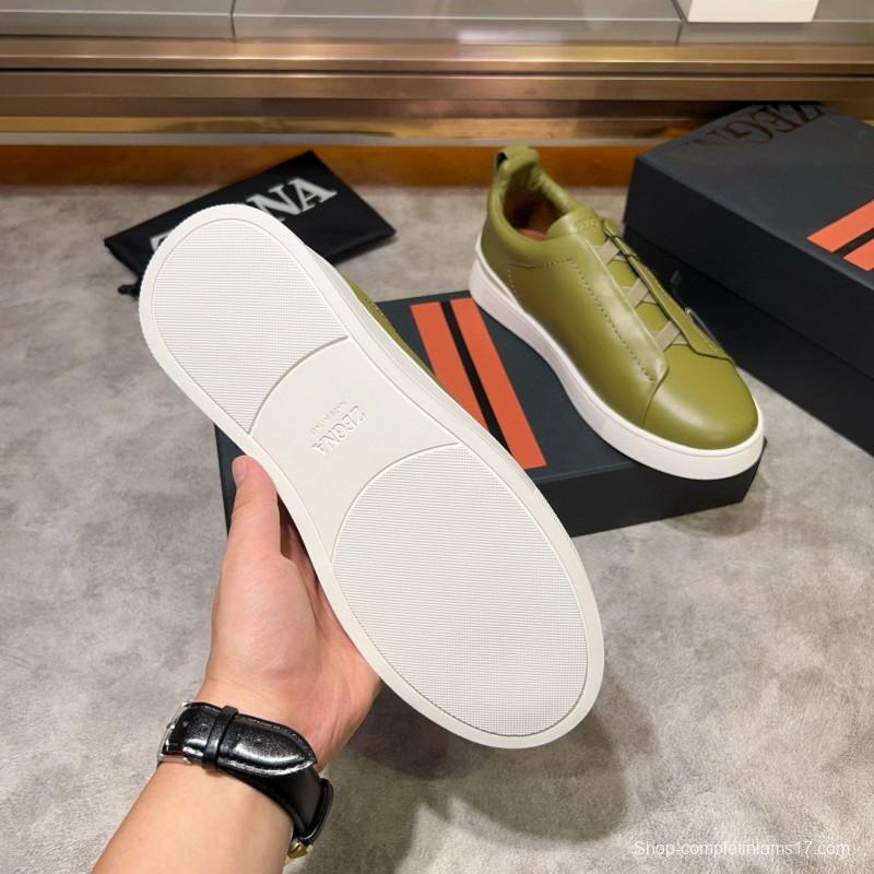 2024 Men Ermenegildo Zegna Olive Green Calfskin Sneakers