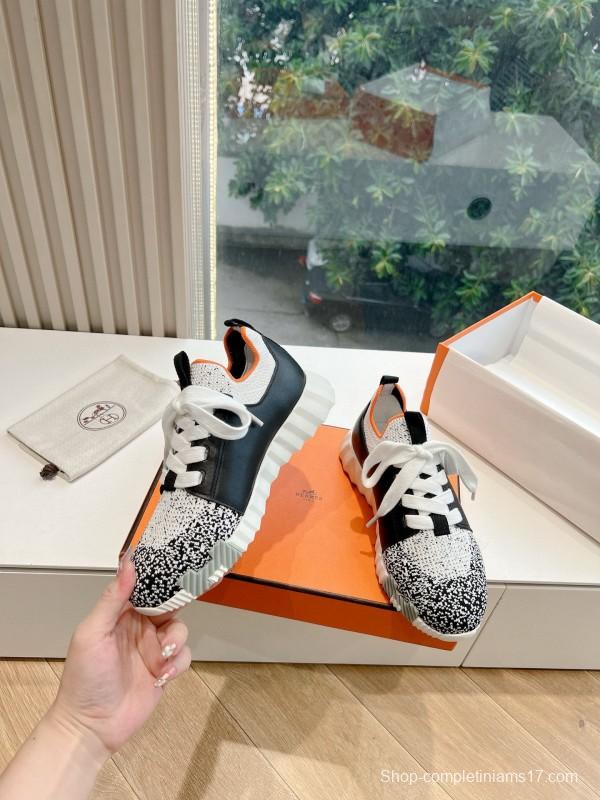 2024 Unisex Hermès Black White Orange Calfskin Suede Sneakers Bouncing MJ00290(F/W)