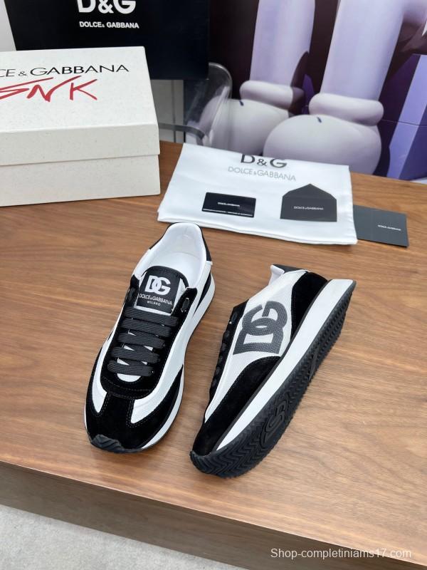 2025 Unisex Dolce & Gabbana Black White Mesh Suede Sneakers LY00300