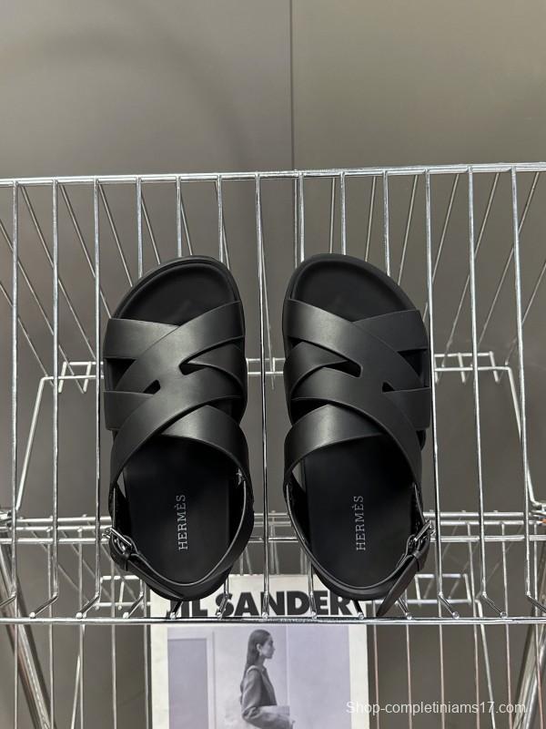 2025 Women Hermès Black Leather Sandals