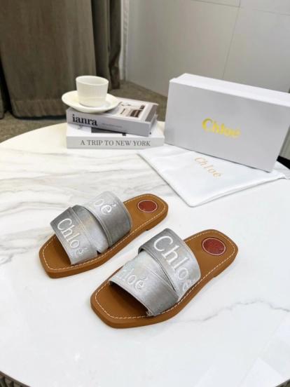 2025 Women Chloé Silver Leather Slippers LY00200