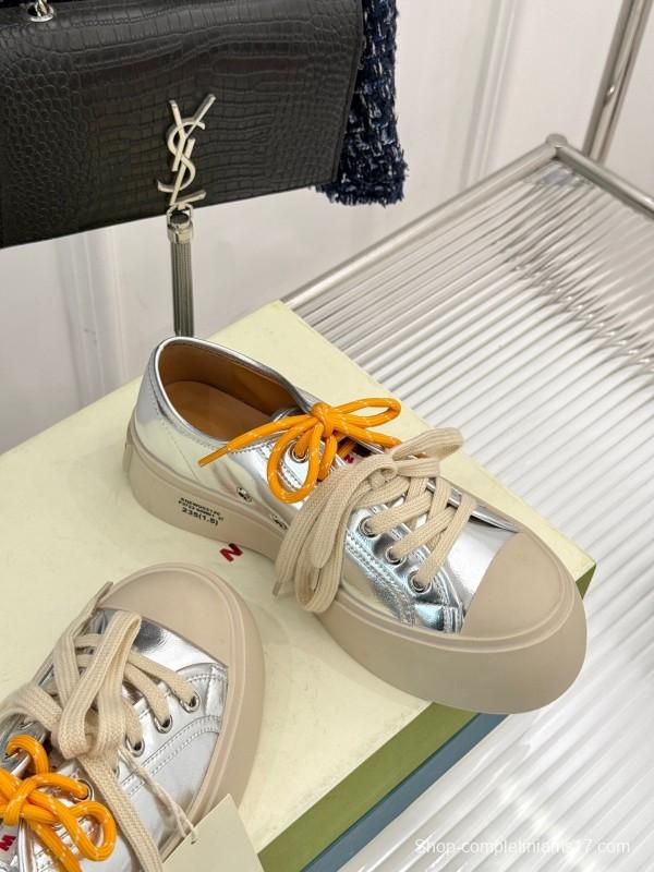 2025 Women Marni Silver Leather Thick Sole Retro Style Platform Sneakers LY00360(F)