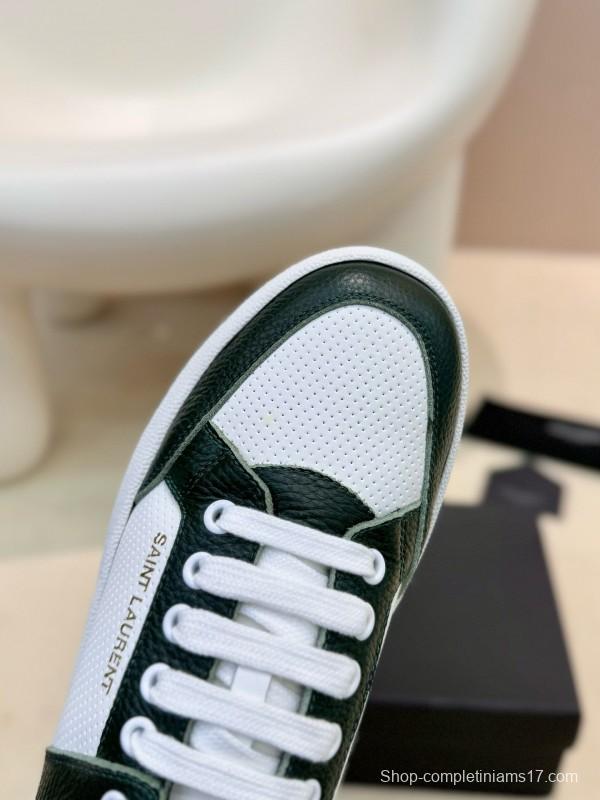 2024 Unisex Yves Saint Laurent White Dark Green Leather Silk Cowhide SL61 Casual Shoes Perforation MJ00350