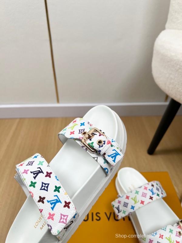2025 Women Louis Vuitton White Multicolor Canvas Slippers KFY00280