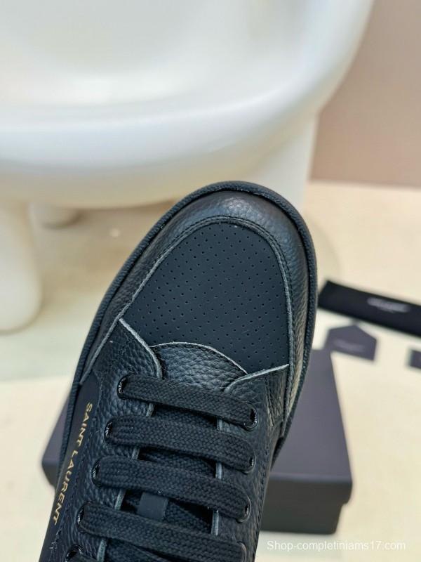2024 Unisex Yves Saint Laurent Black Silk Leather Casual Shoes Embossed Logo MJ00350