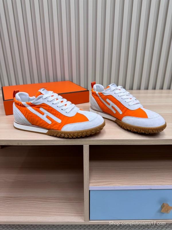 2025 Unisex Hermès White Orange Suede Mesh Sneakers KFY00300