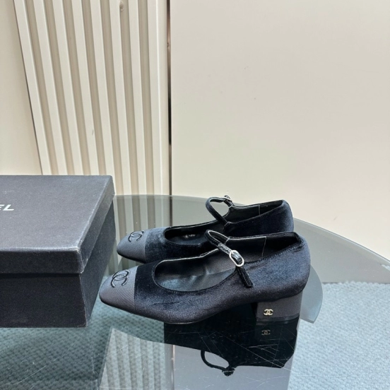 2025 Women Chanel Black Velvet Leather Mary Jane