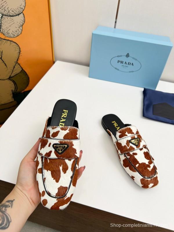 2025 Women Prada Brown White Calf Hair Leather Slippers LY00260