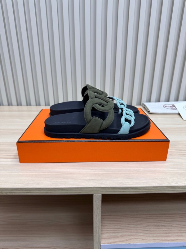 2025 Women Hermès Black Light Blue Leather Slippers