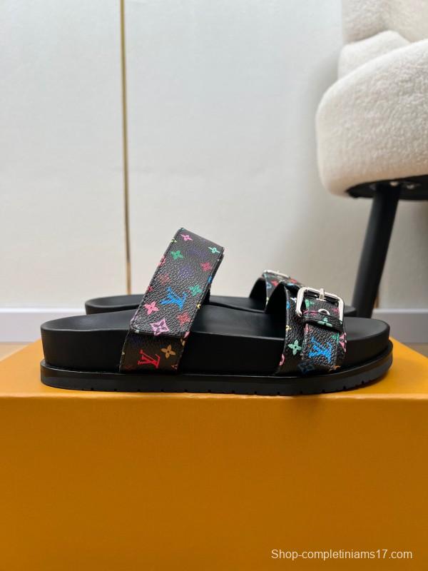2025 Women Louis Vuitton Black Rainbow Canvas Slippers KFY00280