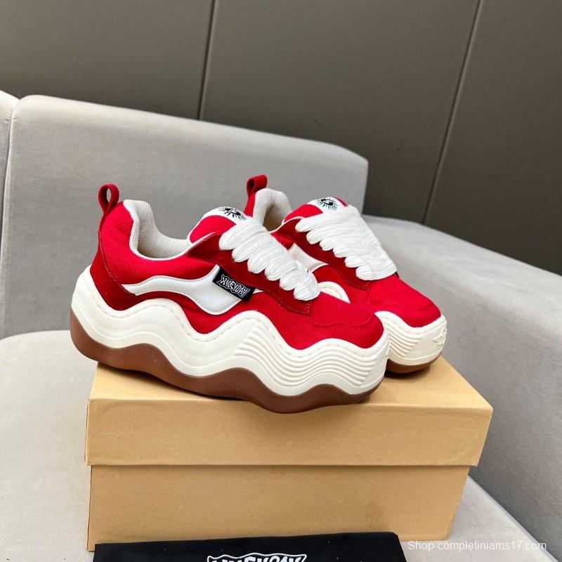 2025 Women HEYDAY Red White Canvas Leather Wave Sneakers