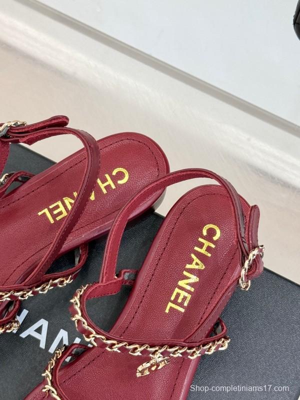 2025 Women Chanel Red Lambskin Chain Strap Sandals