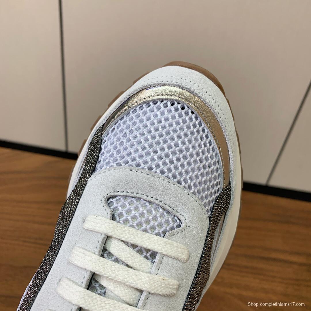 2025 Women Brunello Cucinelli White Silver Mesh Leather Sneakers