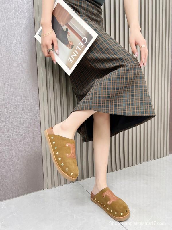 2025 Slippers Celine Brown Pink Suede Leather Studded LY00240