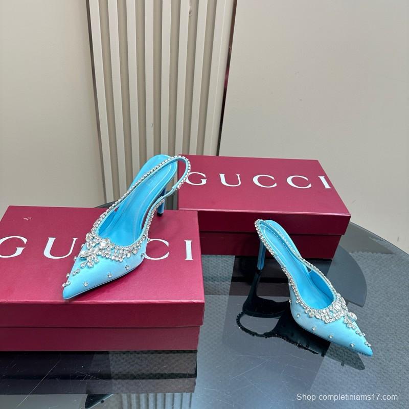 2025 Women Gucci Blue Silk Crystal Embellished Slingback Pumps MJ00340
