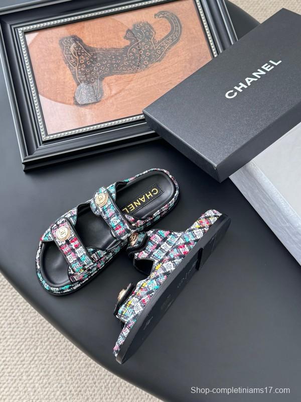 2025 Women Chanel Multi Color Fabric Leather Sandals LY00310