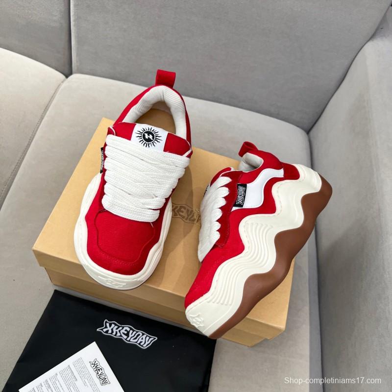2025 Women HEYDAY Red White Canvas Leather Wave Sneakers