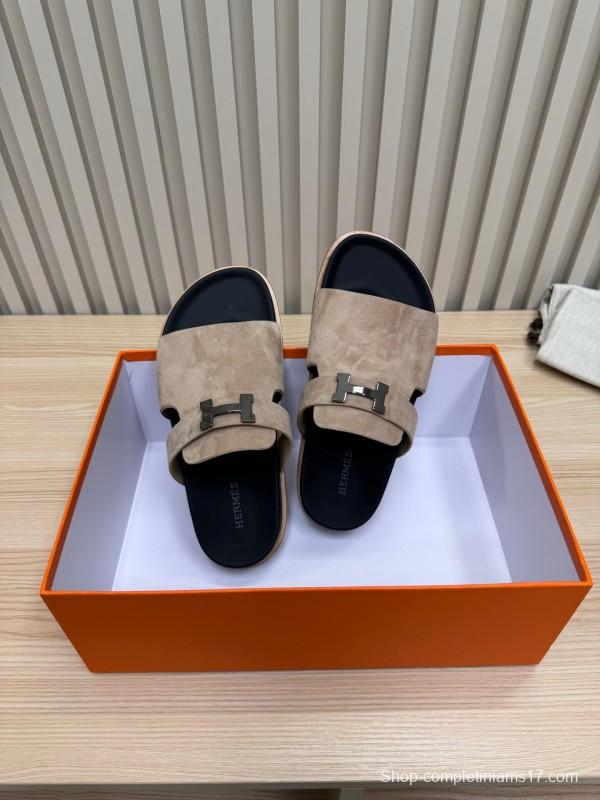 2025 Slippers Hermès Sand Beige Suede Double Strap