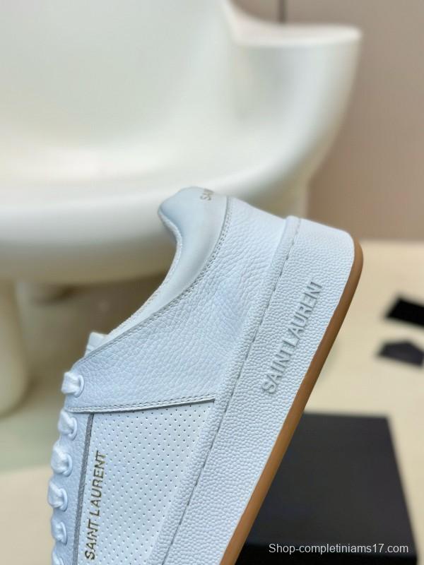 2024 Unisex Yves Saint Laurent White Silk Leather Sneakers Gold Hole Punch MJ00350