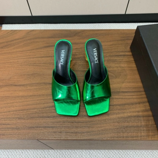 2025 Women VERSACE Green Leather Slippers