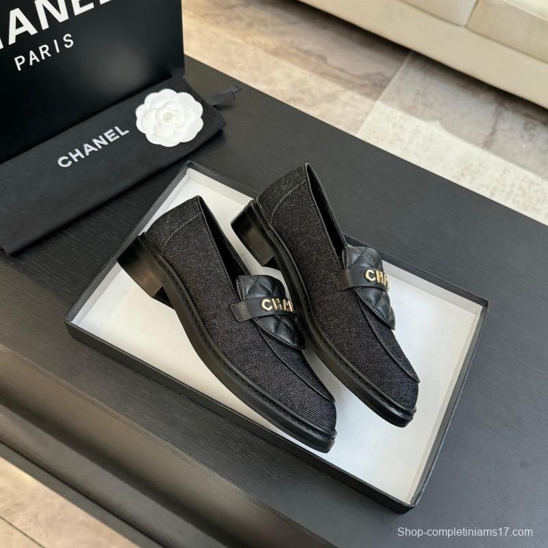 2025 Women Chanel Black Leather Canvas Loafers KFY00310