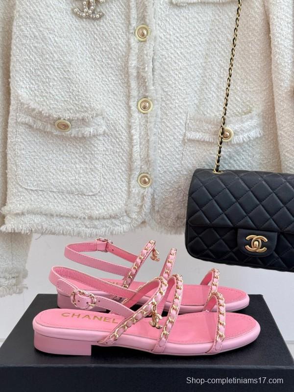2025 Women Chanel Pink Leather Chain Strap Sandals