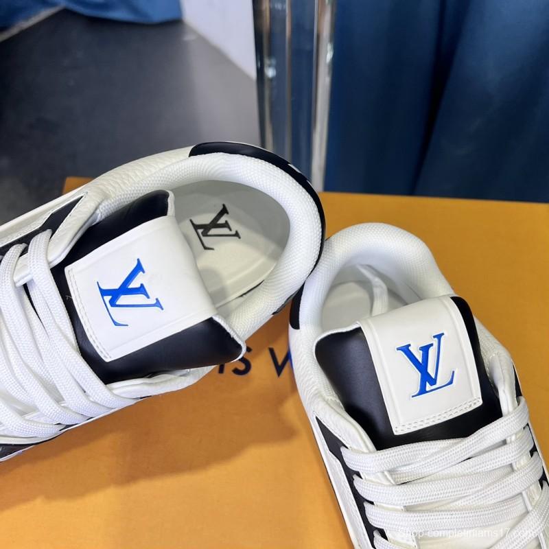 2025 Unisex Louis Vuitton Black White Blue Leather Plimsolls Stitching LV Trainer