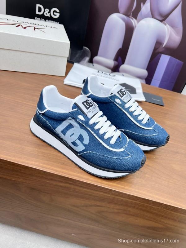 2025 Unisex Dolce & Gabbana Blue Denim Leather Sneakers LY00300