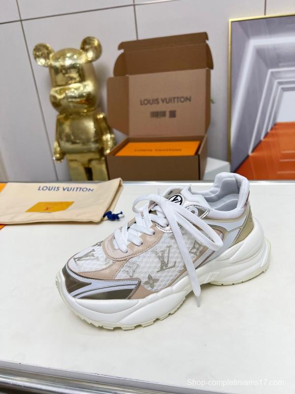 2025 Women Louis Vuitton White Beige Mesh Leather Sneakers LY00340