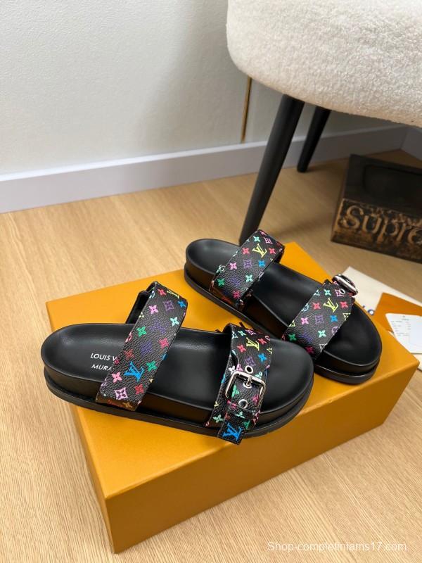 2025 Women Louis Vuitton Black Rainbow Canvas Slippers KFY00280