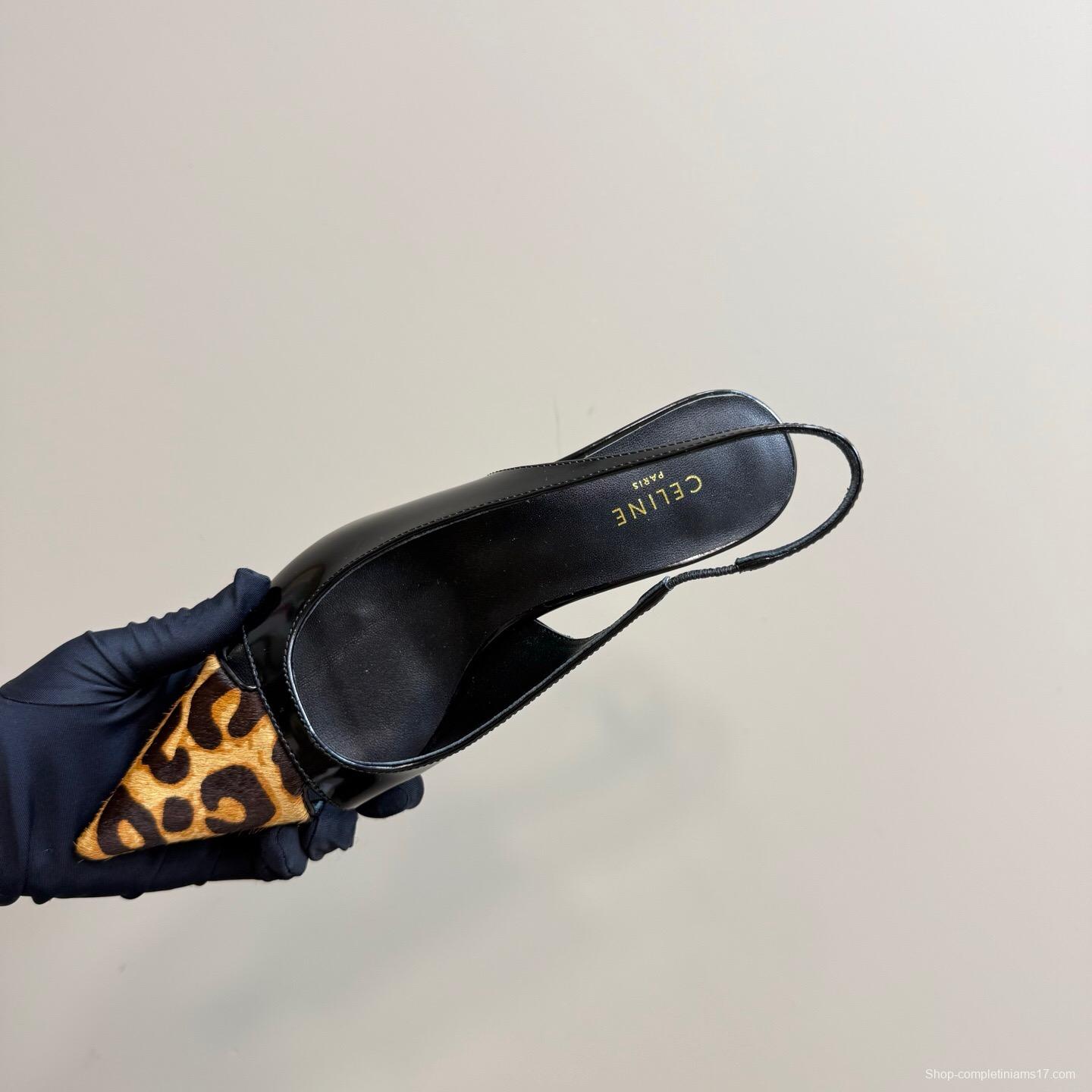2025 Women CELINE Black Leopard Print Patent Leather Slingback Pumps
