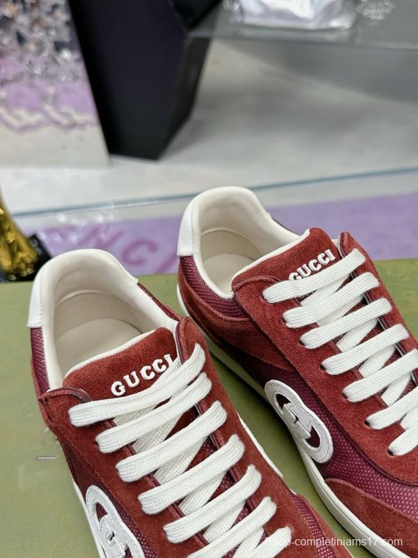 2024 Unisex Gucci Red Burgundy White Leather Suede Sneakers MJ00310