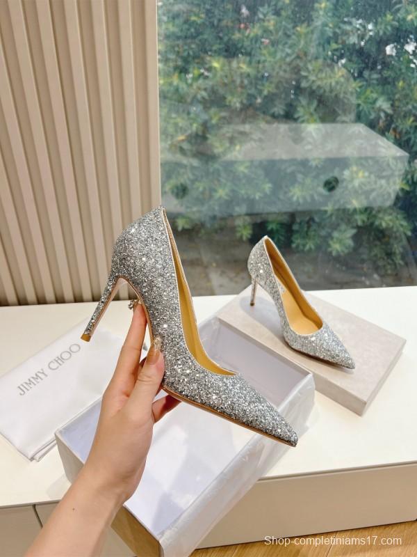 2025 Women Jimmy Choo Silver Glitter Leather Pointed Toe Pumps