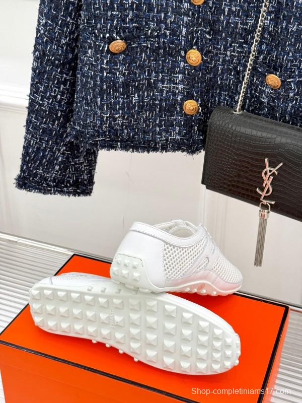 2025 Women Hermès White Mesh Leather Sneakers
