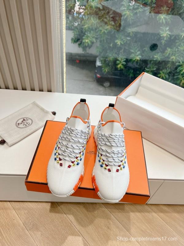 2024 Unisex Hermès White Blue Yellow Orange Calfskin Suede Sneakers MJ00290
