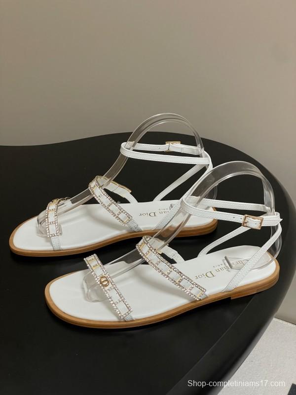 2025 Women Dior White Leather Flat Sandals Crystal Embellishment