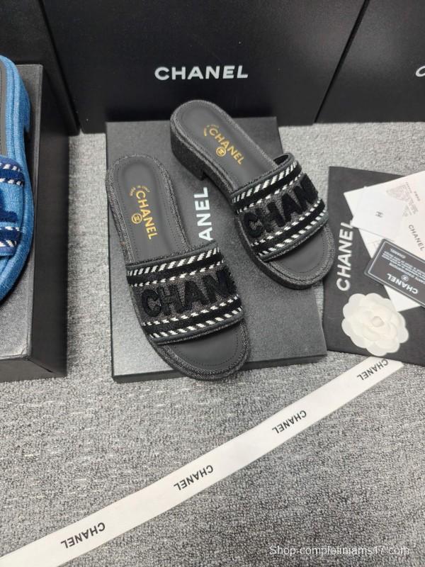 2025 Women Chanel Black Fabric Slippers LY00360