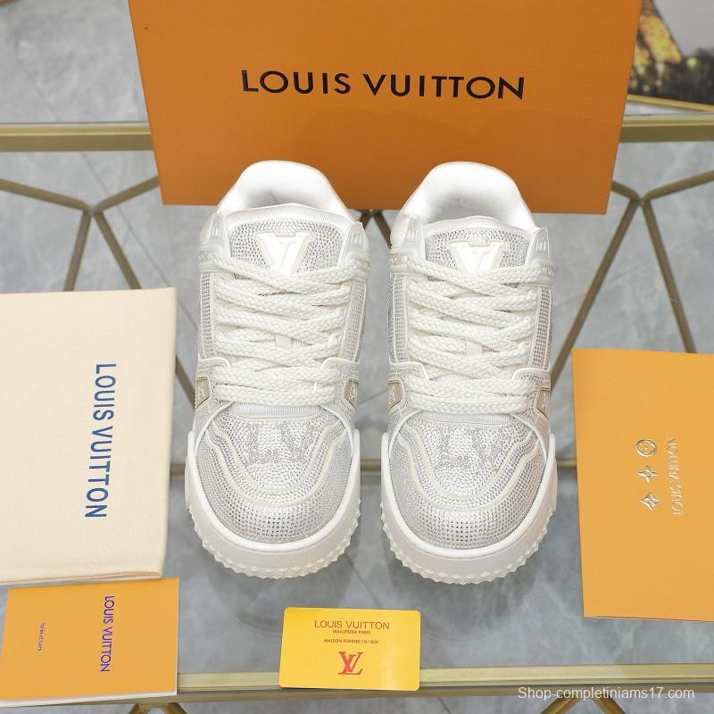 2024 Unisex Louis Vuitton White Crystal Trainer Leather Plimsolls High Temperature Pressing MJ00430