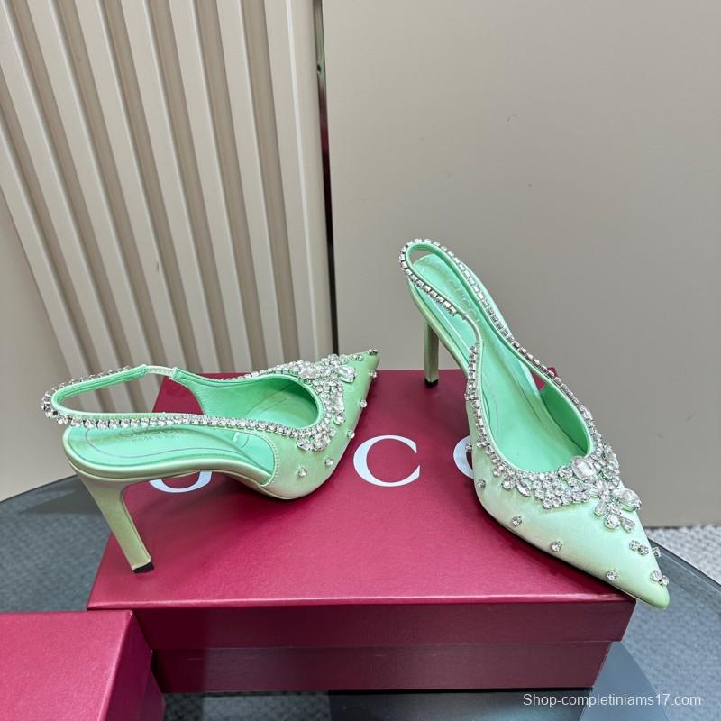 2025 Women Gucci Green Satin Slingback High Heel Crystal Embellished KFY00340