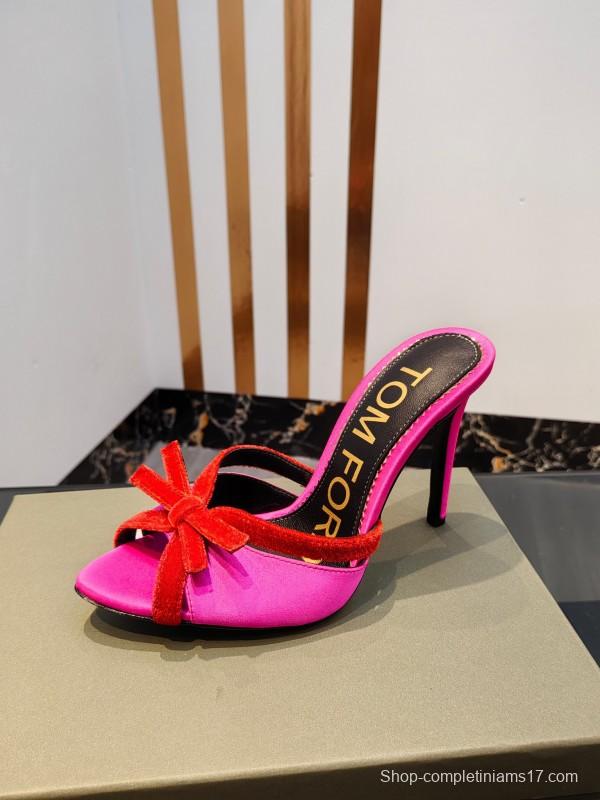 2025 Women TOM FORD Pink Red Silk Velvet High Heel Mules KFY00290