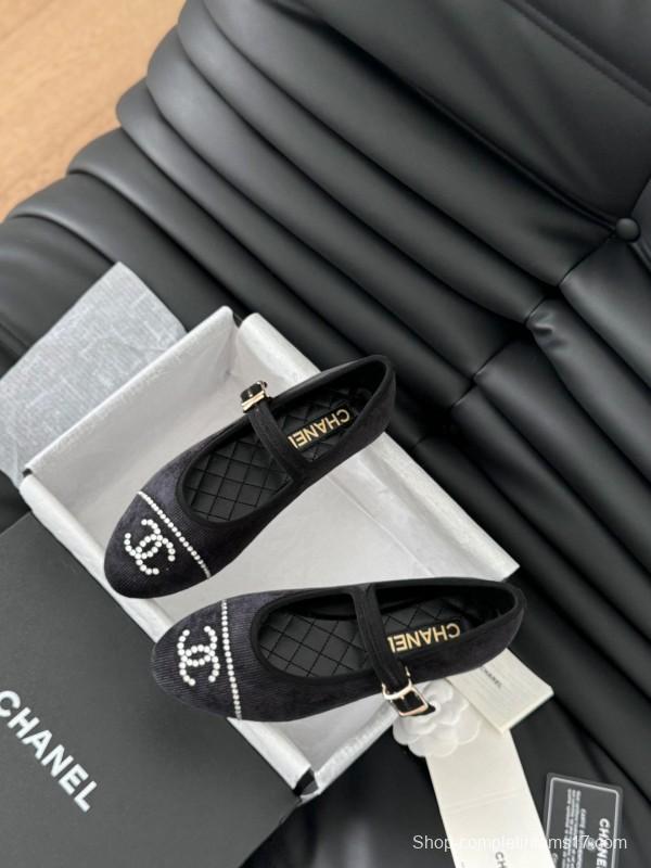 2025 Women Chanel Black Velvet Mary Jane Embroidered LY00280